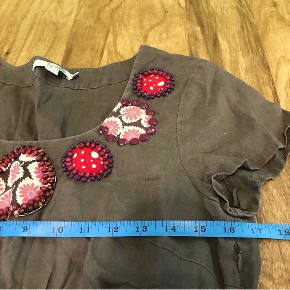 Boden 100% Linen Beaded Artsy Patch Side Zip Olive Mini Dress Womens Size 10 - Picture 6 of 11